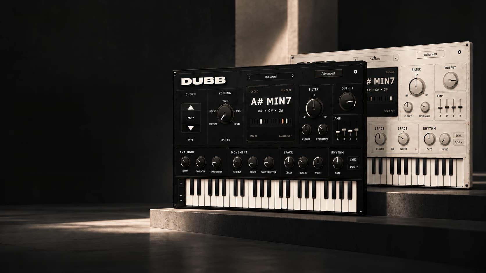 DUBB in its dark and light themes, standing on concrete plinths in a shaft of light